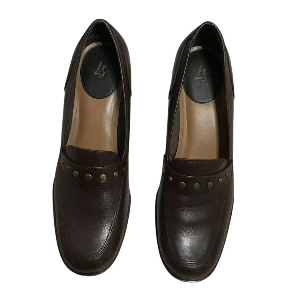 LifeStride League Brown Leather Studded Block Heel Loafers Shoes‎ Womens 7.5 M